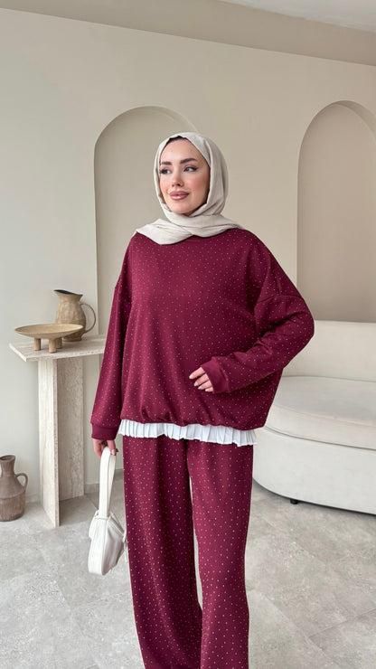 Glow Taşlı  Takım Bordo