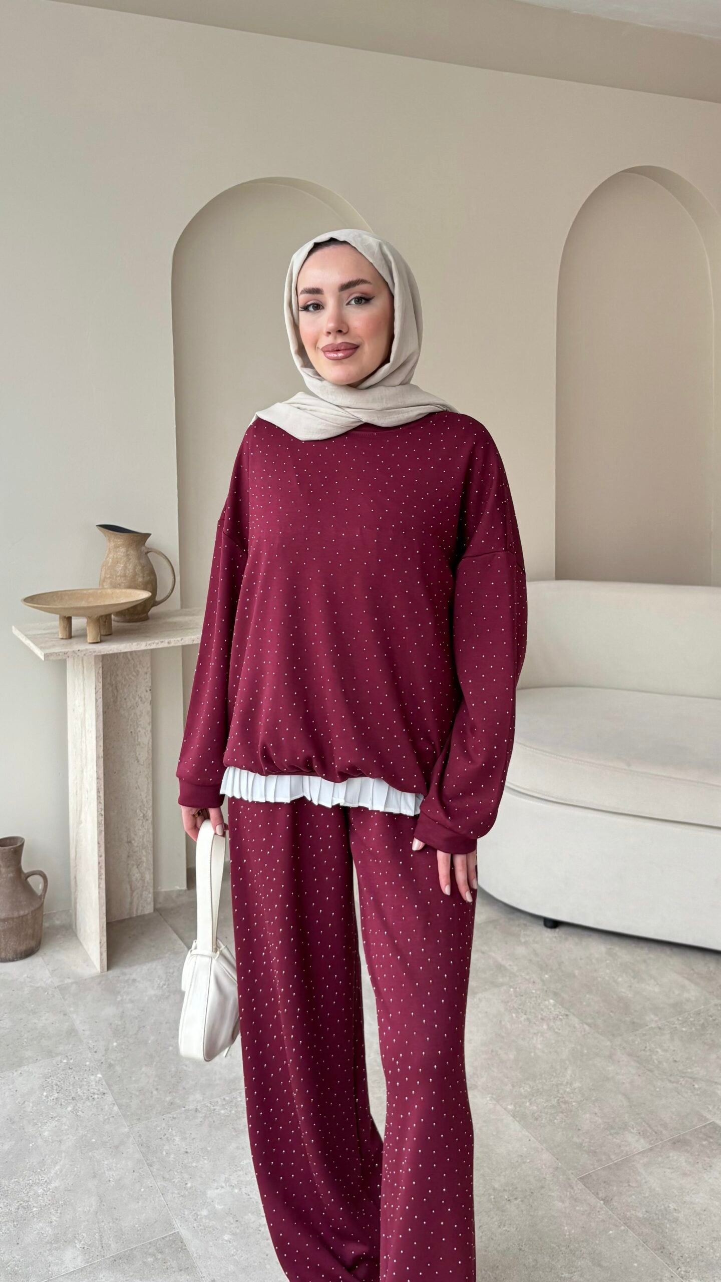 Glow Taşlı  Takım Bordo