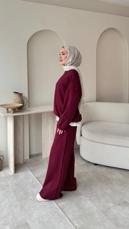 Glow Taşlı  Takım Bordo