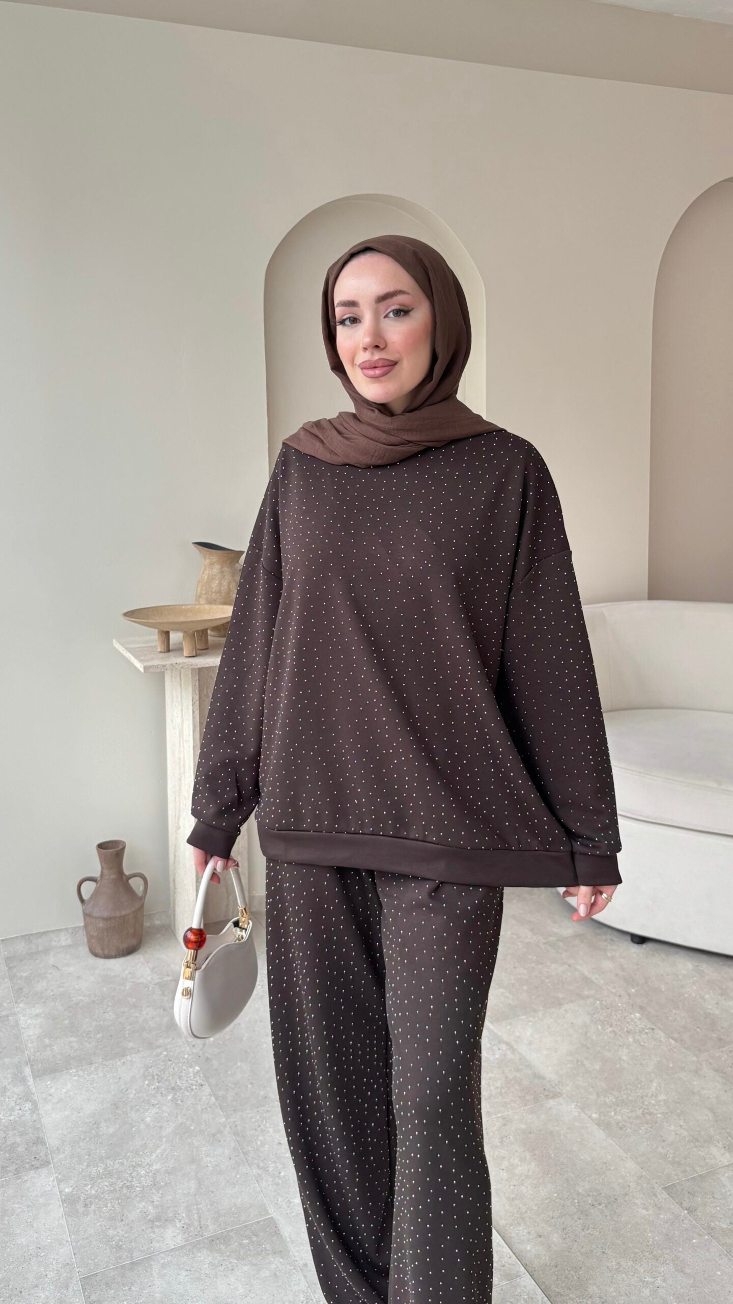 Glow Taşlı Takım – Kahverengi
