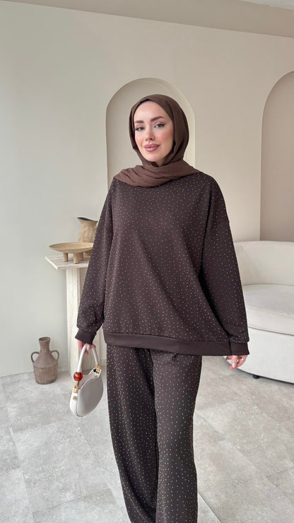 Glow Taşlı Takım – Kahverengi