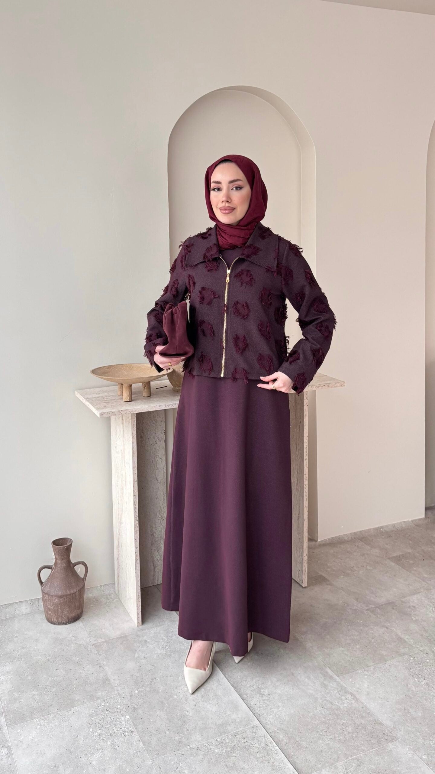 Velvet Jileli Ceket Takım – Bordo