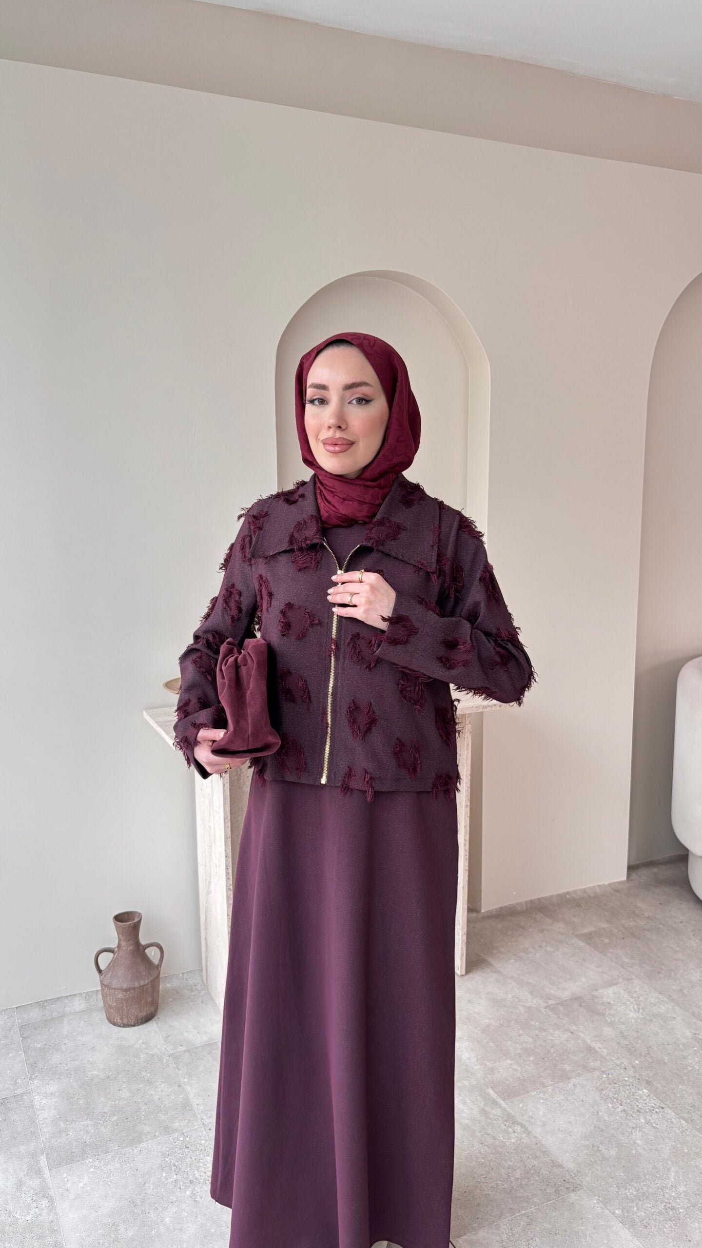 Velvet Jileli Ceket Takım – Bordo