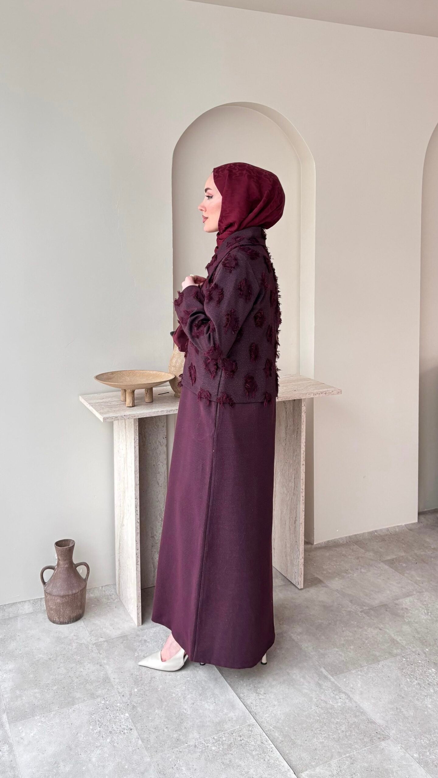 Velvet Jileli Ceket Takım – Bordo