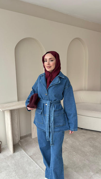 Olivia Kuşaklı Kot Takım – Mavi