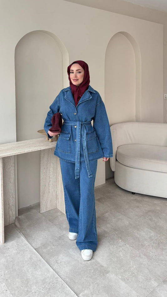 Olivia Kuşaklı Kot Takım – Mavi