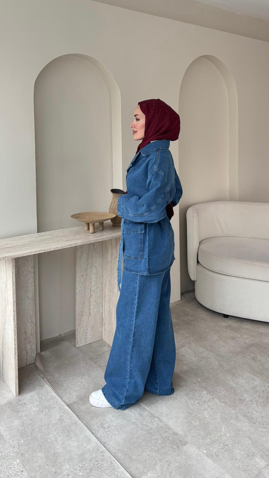 Olivia Kuşaklı Kot Takım – Mavi