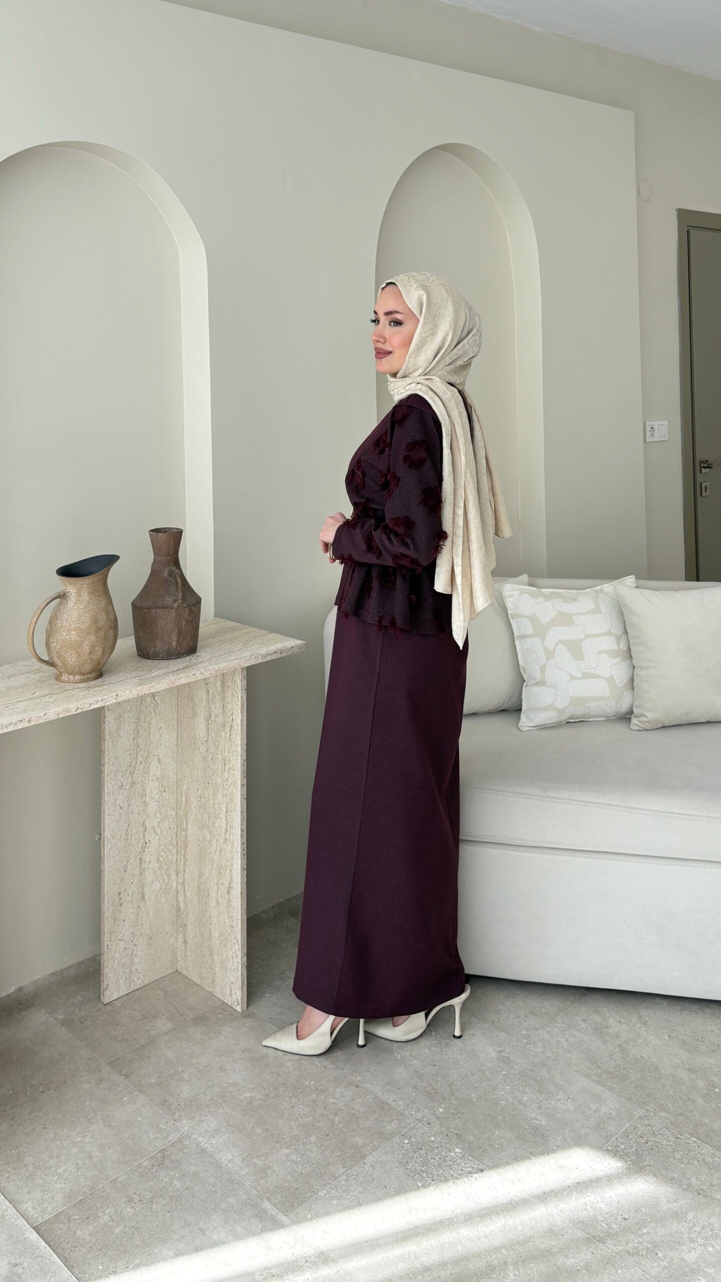 Wool Yandan Büzgülü Takım – Bordo