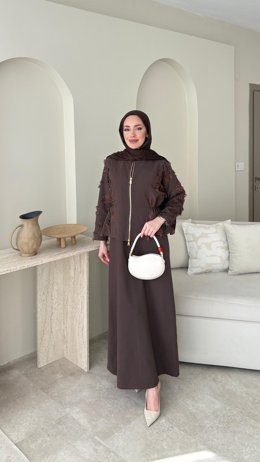 Wool Yandan Büzgülü Takım – Kahverengi