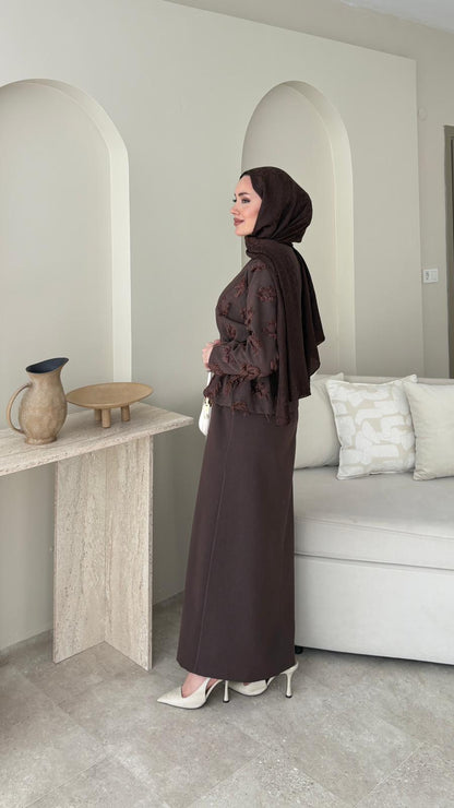 Wool Yandan Büzgülü Takım – Kahverengi