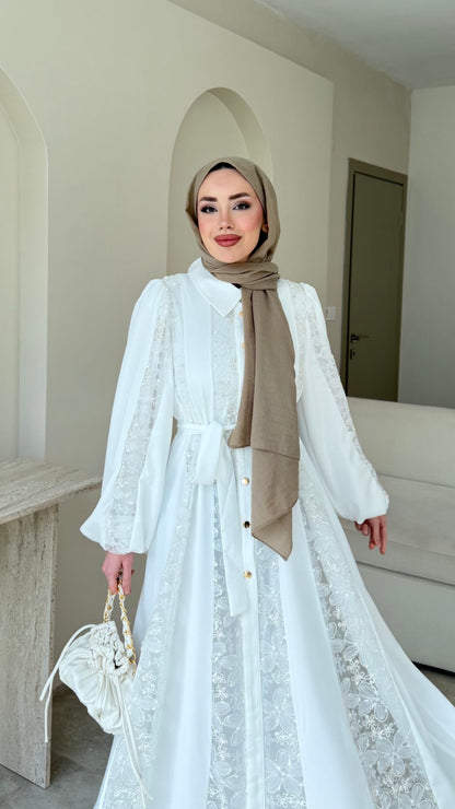 Loom Çiçek Desen Elbise – Beyaz