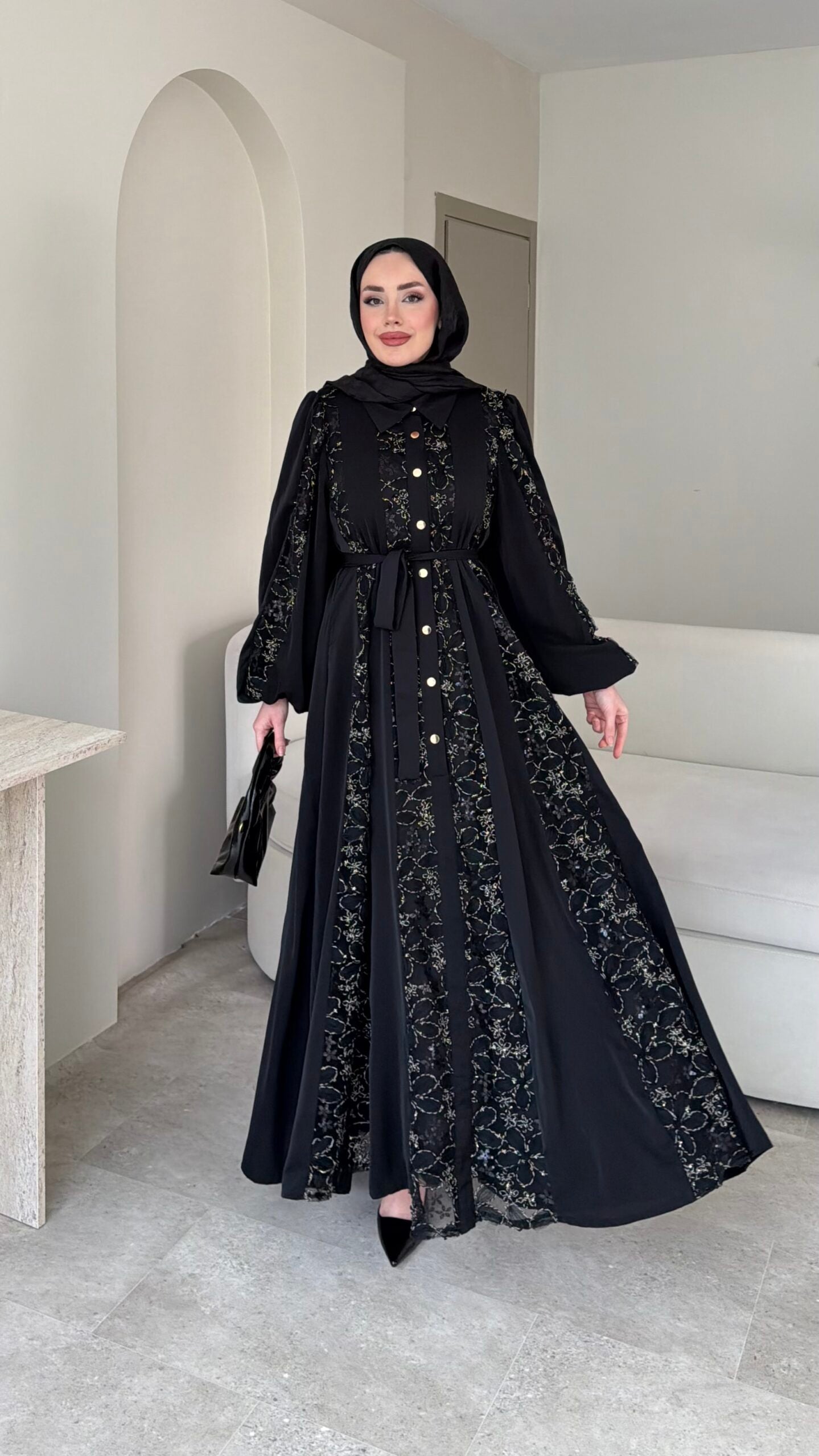 Loom Çiçek Desen Elbise – Siyah 