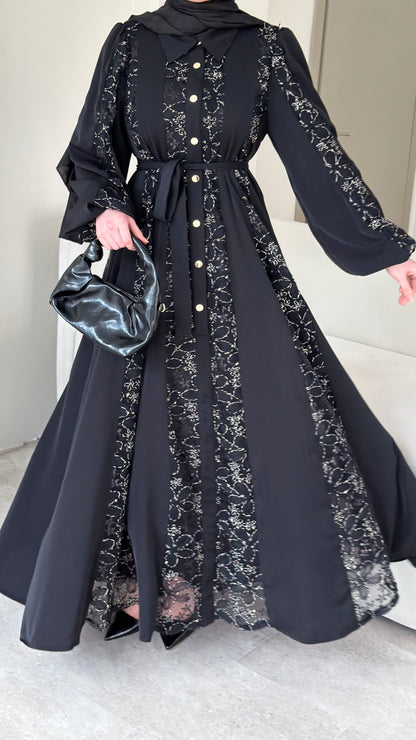 Loom Çiçek Desen Elbise – Siyah