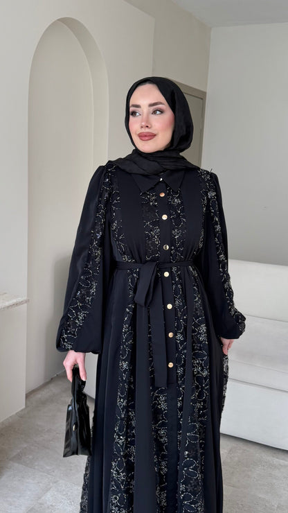 Loom Çiçek Desen Elbise – Siyah