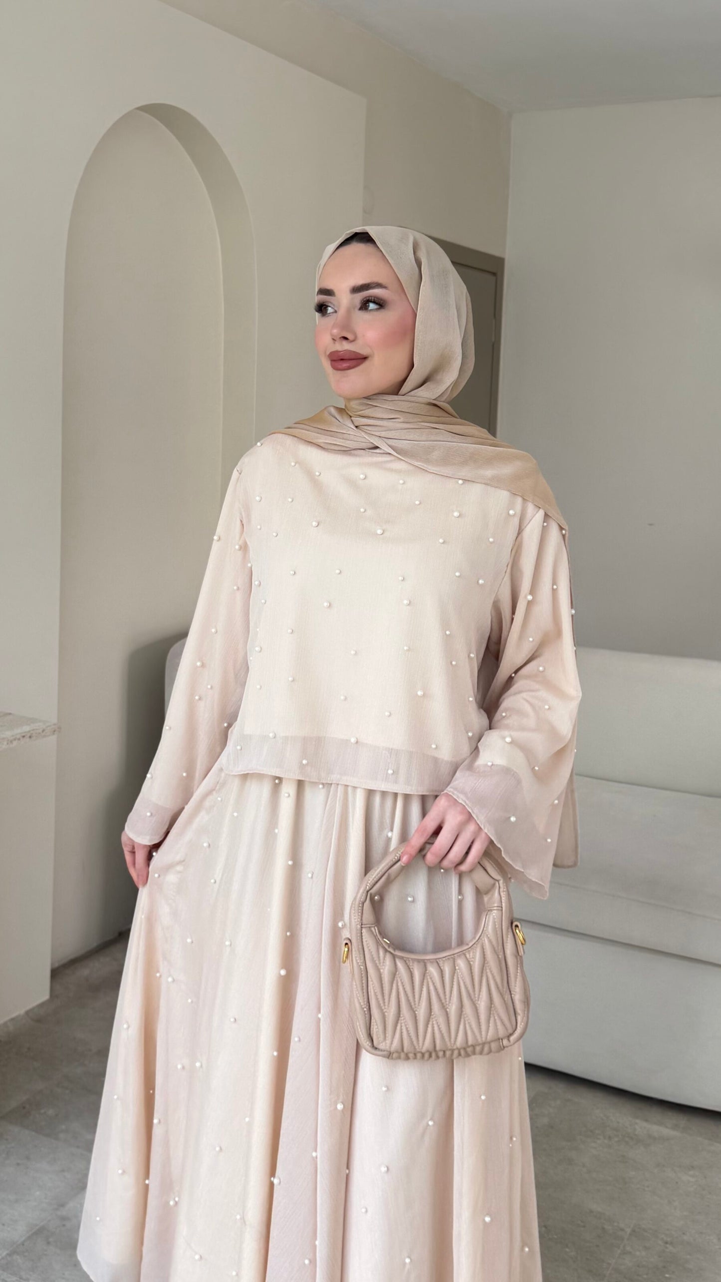 Balm İnci İşlemeli Takım – Vizon