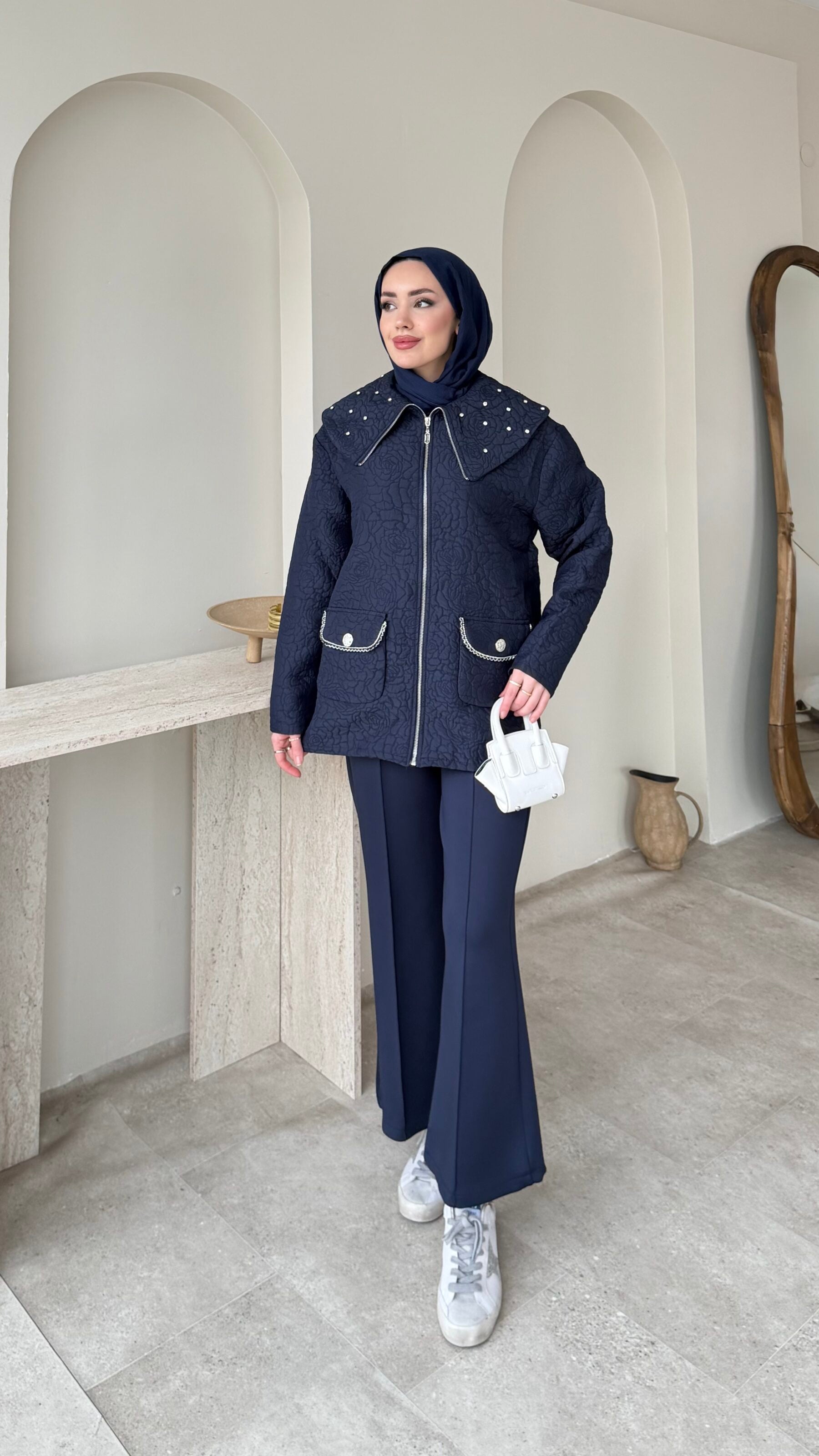 Lara Çiçek Desen Ceket – Lacivert