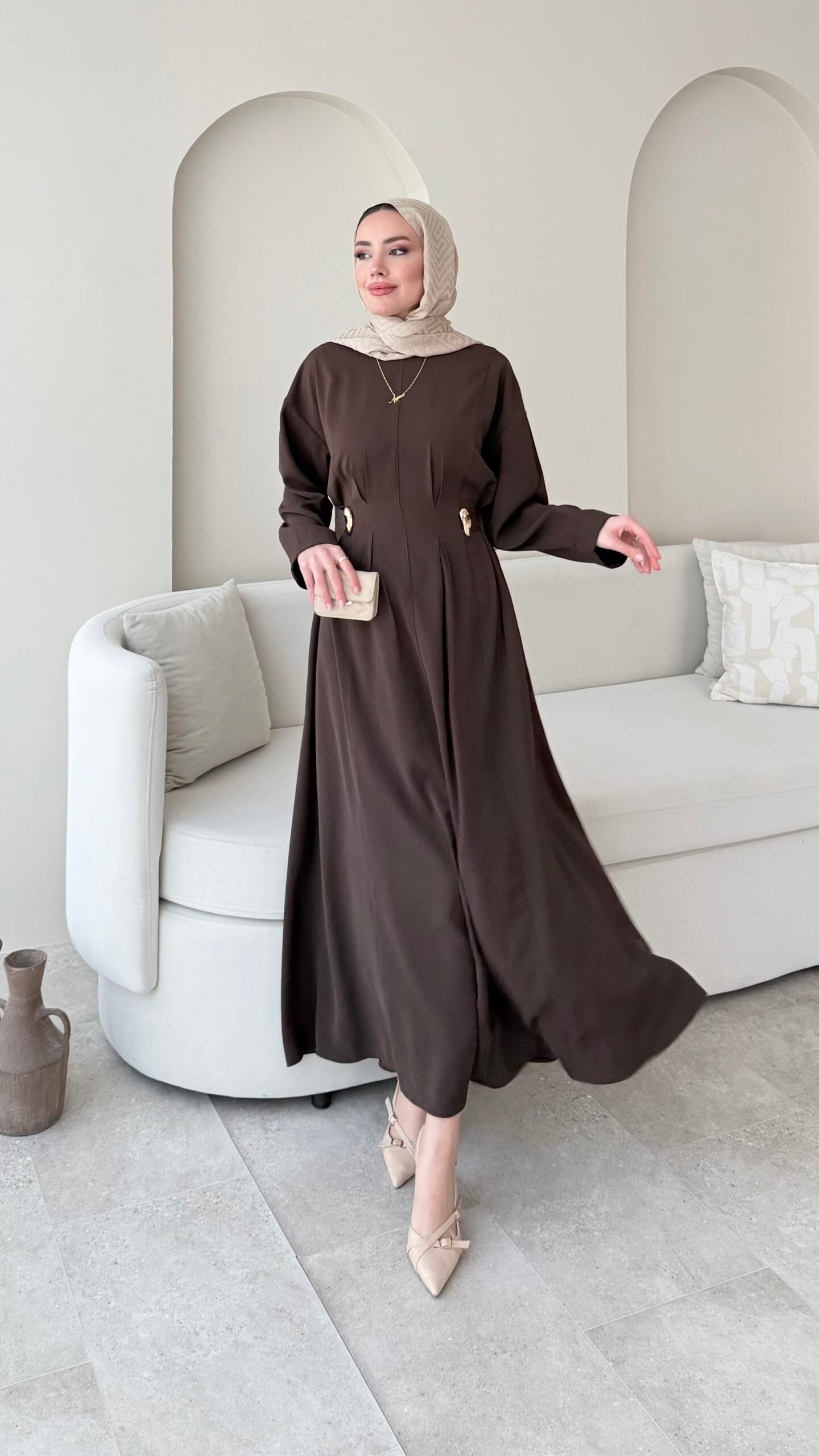 Meyla Gold Detaylı Elbise – Kahverengi