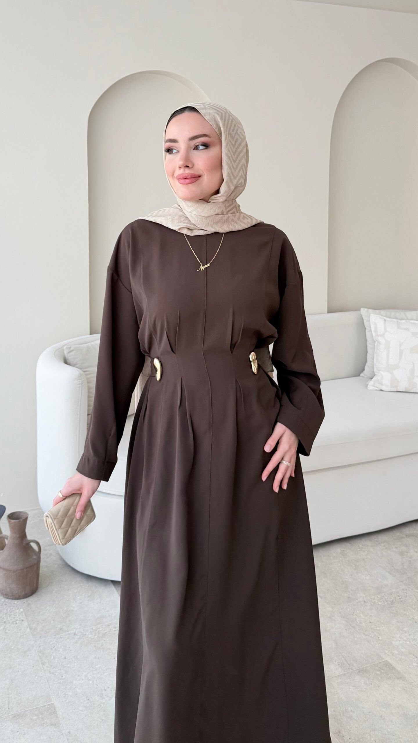 Meyla Gold Detaylı Elbise – Kahverengi